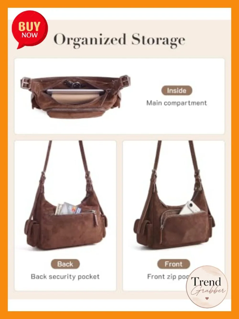 Faux Suede Hobo Crossbody Bag with Adjustable Strap, Multi Pockets